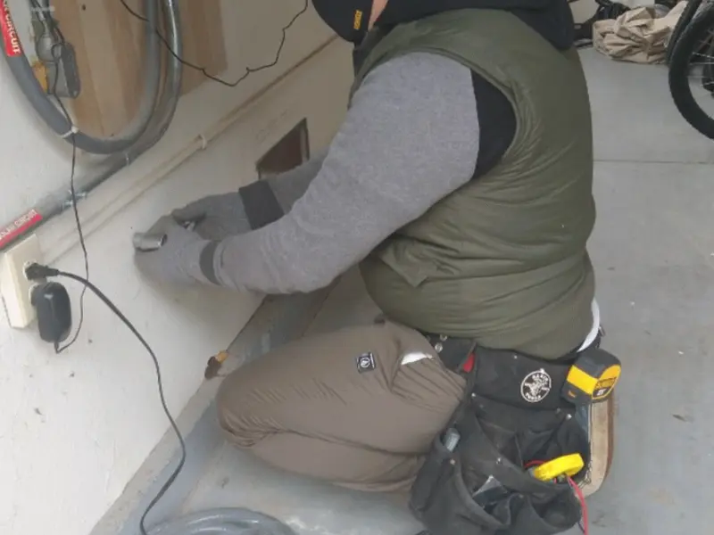 Electrician performing outlet wiring in a Davidson garage